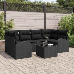 Zestaw Sof na Ogród 7 pcs Czarny Polirattan, stal i szkło