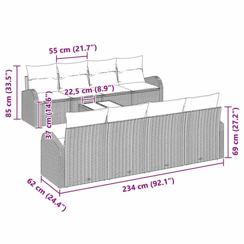 Zestaw Sof na Ogród z poduszką 9 pcs Brązowy i Kremowy