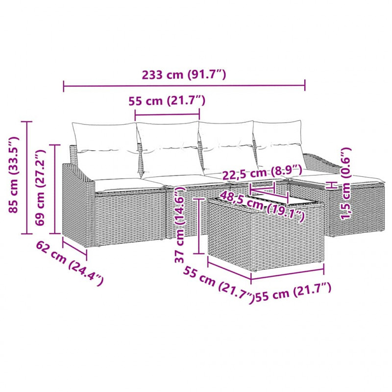 Zestaw Sof z poduszką 6 pcs Jasnoszary polirattan