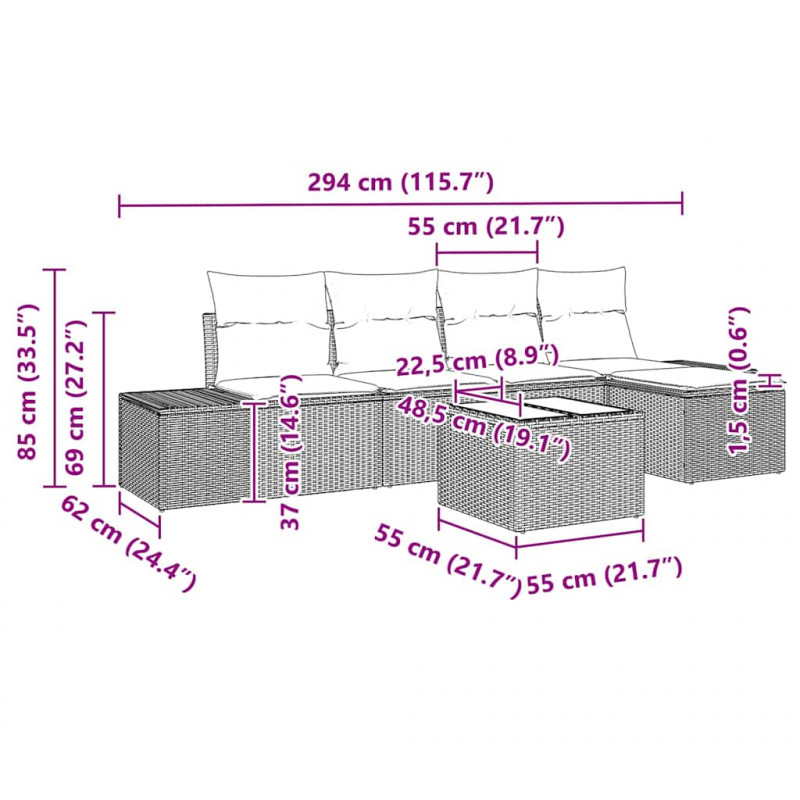 Zestaw Sof na Ogród z poduszką 5 pcs Jasnoszary polirattan