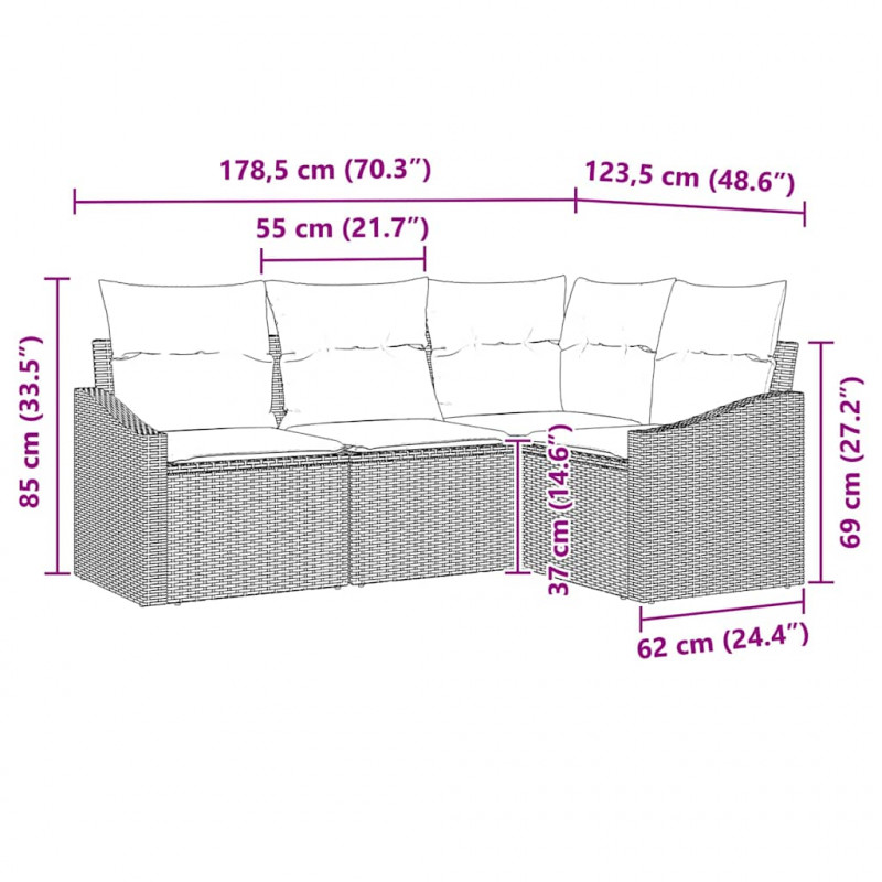 Zestaw Sof na Ogród z poduszką 4 pcs Czarny polirattan