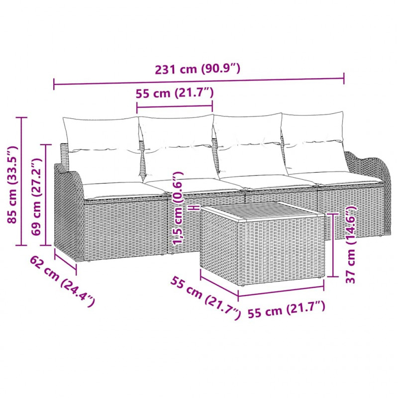 Zestaw Sof na Ogród z przechowywaniem 5 pcs Szary polirattan