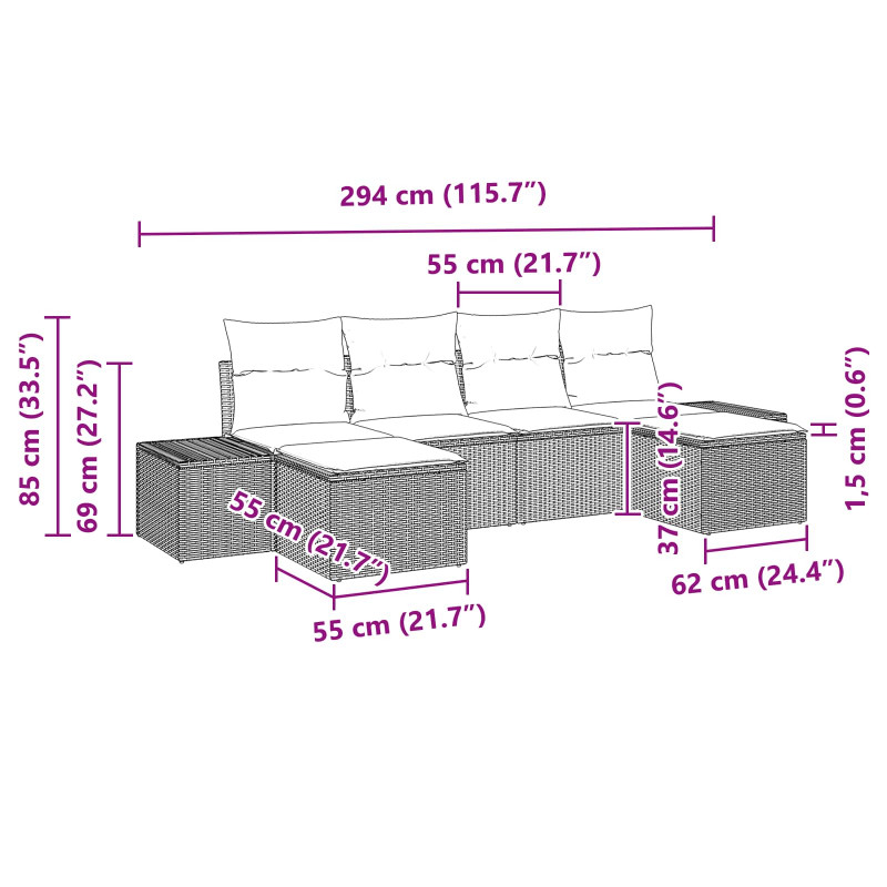 Zestaw Sof na Ogród z poduszką 6 pcs Czarny Rattan poli