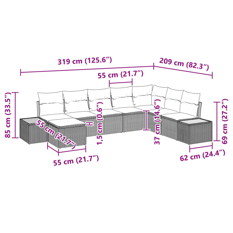 Zestaw Sof na Ogród z poduszką 9 pcs Czarny Technorattan