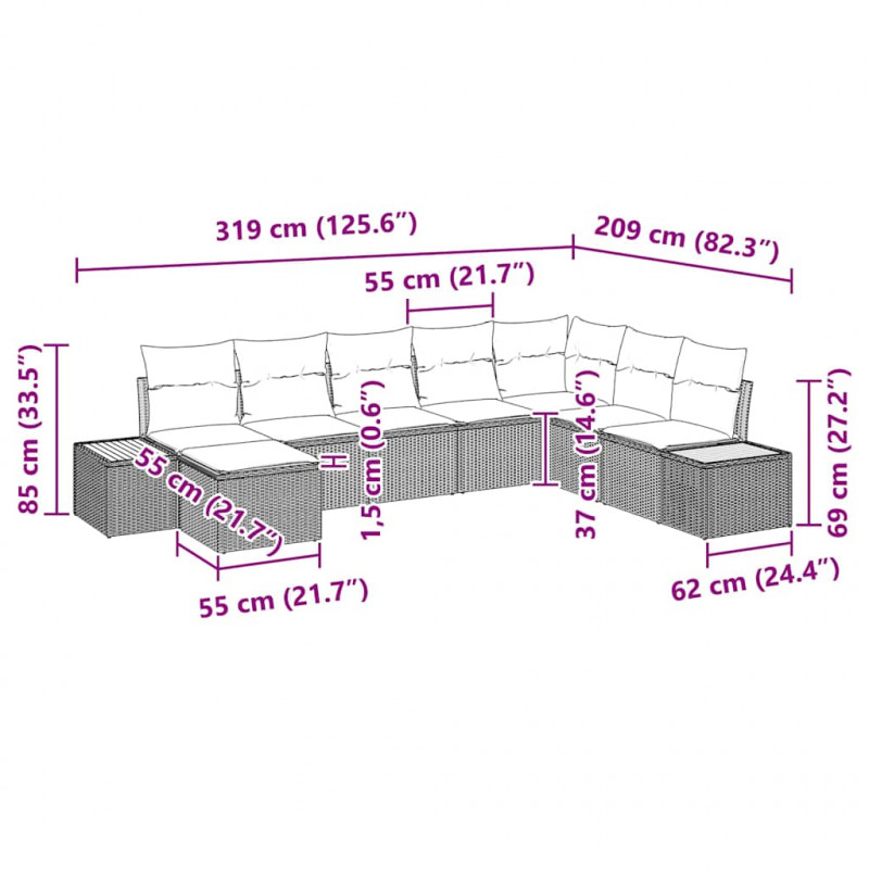 Zestaw Sof na Ogród z poduszką 9 pcs Szary Technorattan