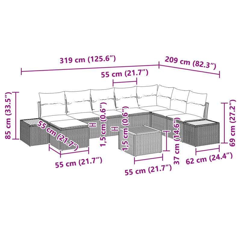 Zestaw Sof na Ogród z poduszką 9 pcs Czarny Technorattan