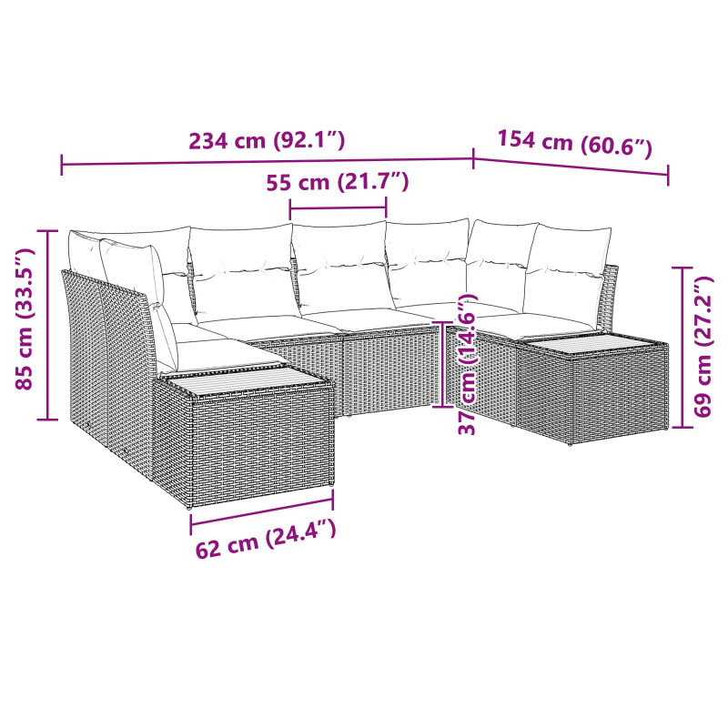 Zestaw Sof na Ogród z poduszką 6 pcs Czarny Technorattan