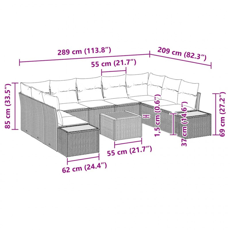 Zestaw Sof na Ogród z poduszką 5 pcs Szary Technorattan