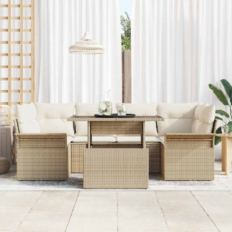 Zestaw Sof na Ogród z poduszką 7 pcs Beżowy Rattan poli