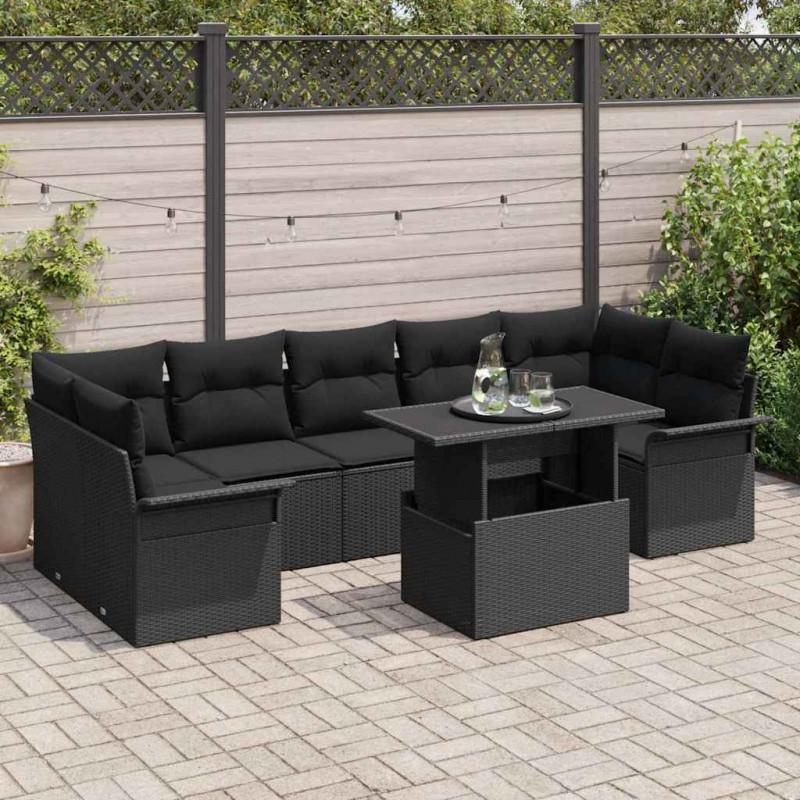Zestaw Sof na Ogród z poduszką 8 pcs Czarny Polirattan
