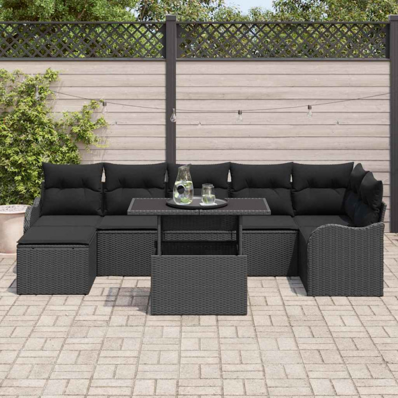 Zestaw Sof na Ogród z poduszką 8 pcs Czarny Polirattan