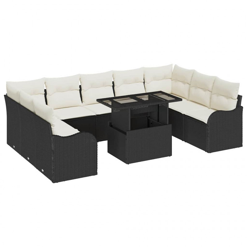 Zestaw Sof na Ogród z poduszką 10 pcs Czarny Rattan poli