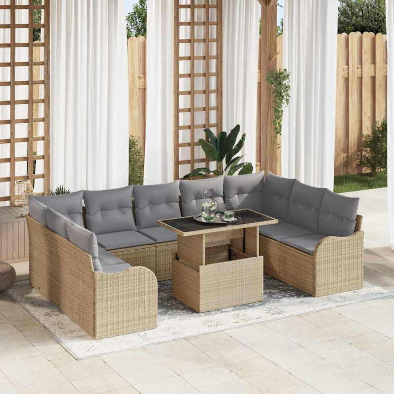 Zestaw Sof na Ogród z poduszką 10 pcs Beżowy Rattan poli