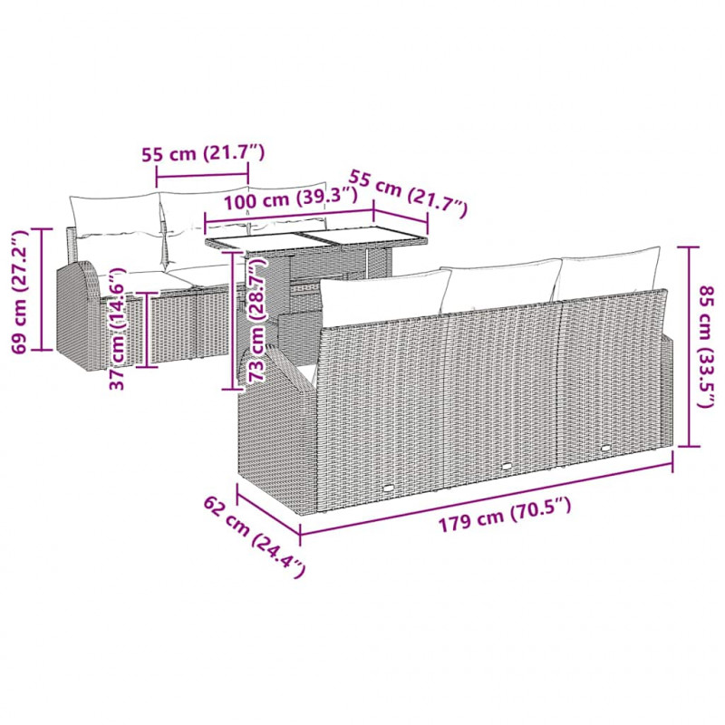 Zestaw Sof na Ogród z poduszką 7 pcs Brązowy Rattan poli
