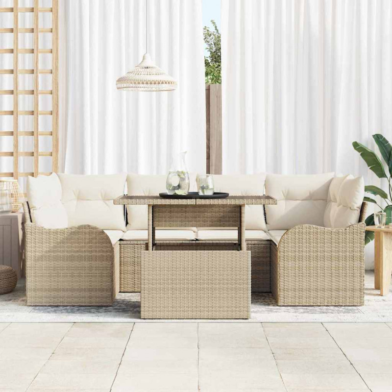 Zestaw Sof na Ogród z poduszką 7 pcs Beżowy Rattan poli