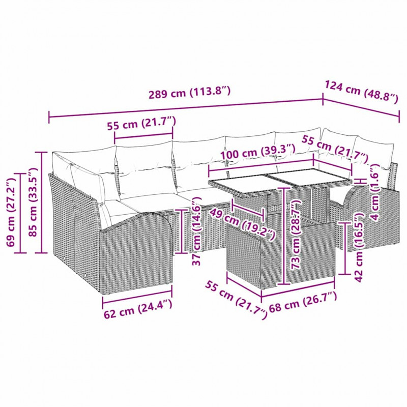 Zestaw Sof na Ogród z poduszką 8 pcs Szary Rattan poli