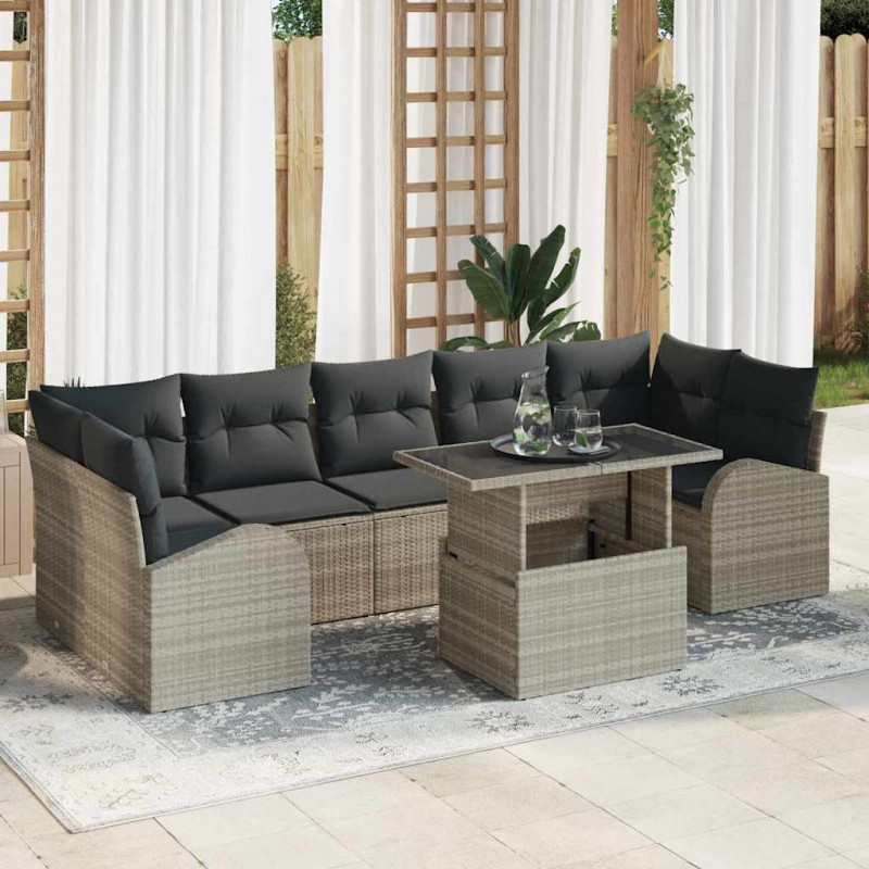 Zestaw Sof na Ogród z poduszką 8 pcs Jasnoszary Rattan poli