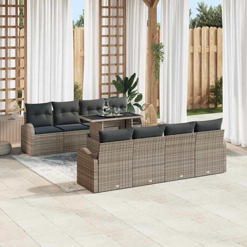 Zestaw Sof na Ogród z poduszką 9 pcs Szary Rattan poli
