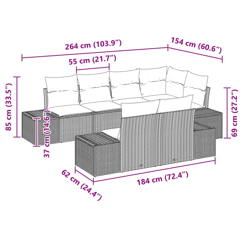 Zestaw Sof na Ogród z poduszką 7 pcs Czarny Technorattan