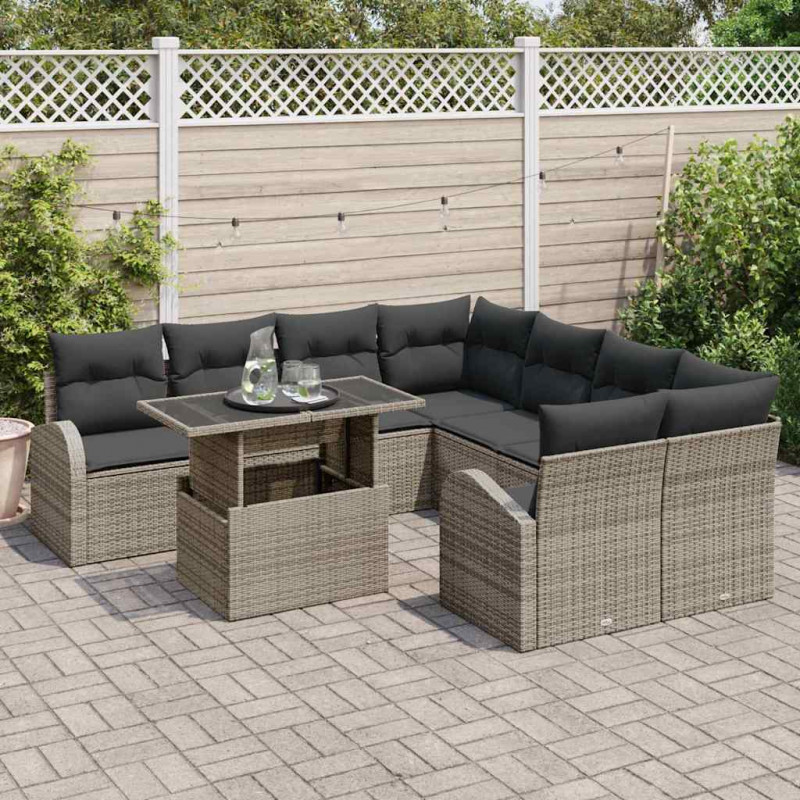 Zestaw Sof na Ogród z poduszką 9 pcs Szary Rattan poli