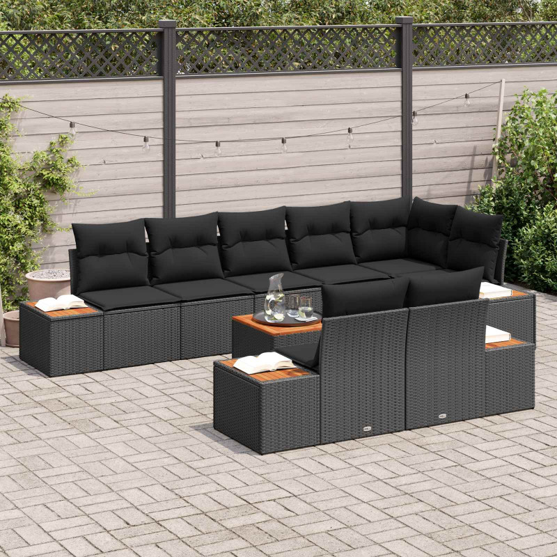 Zestaw Sof na Ogród z poduszką 8 pcs Czarny Technorattan