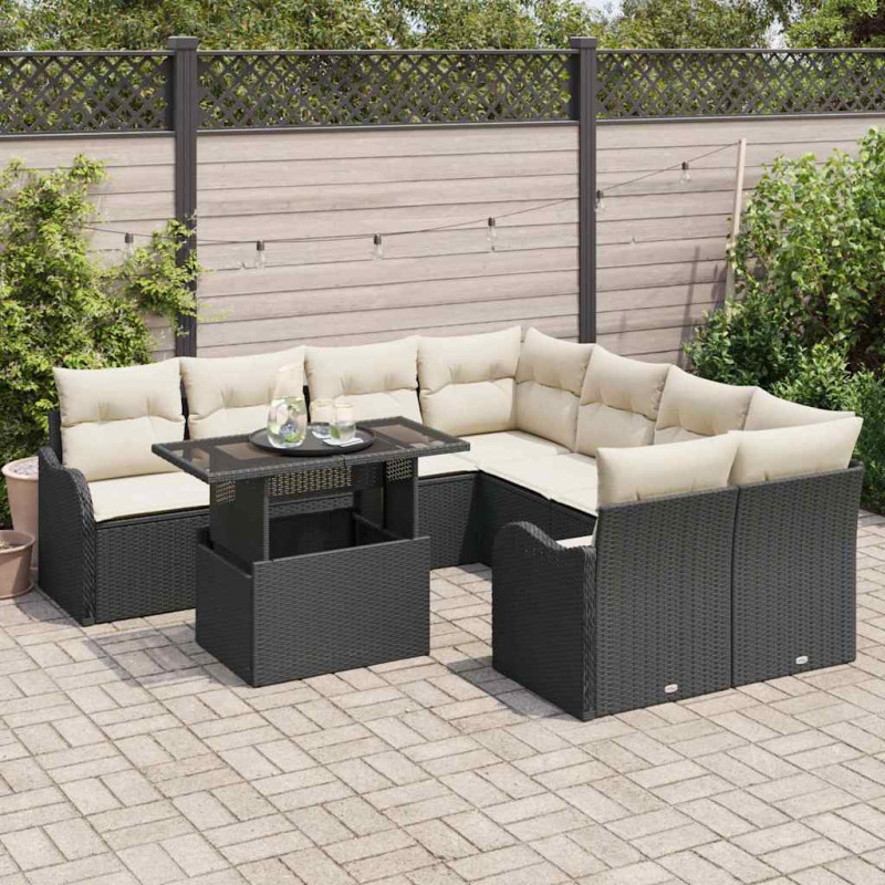 Zestaw Sof na Ogród z poduszką 9 pcs Czarny Technorattan