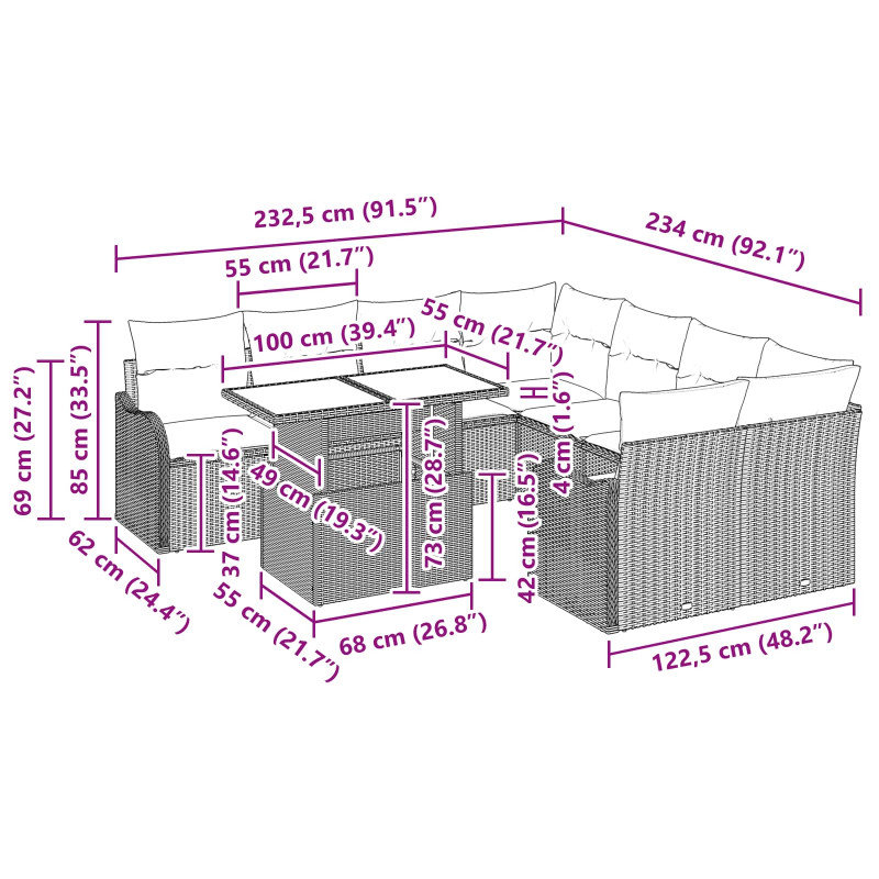 Zestaw Sof na Ogród z poduszką 9 pcs Jasnoszary Technorattan