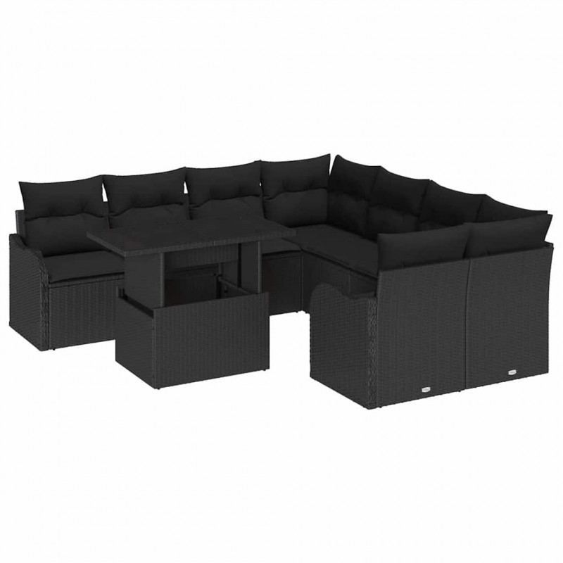 Zestaw Sof na Ogród z poduszką 9 pcs Czarny Technorattan