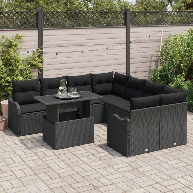 Zestaw Sof na Ogród z poduszką 9 pcs Czarny Technorattan