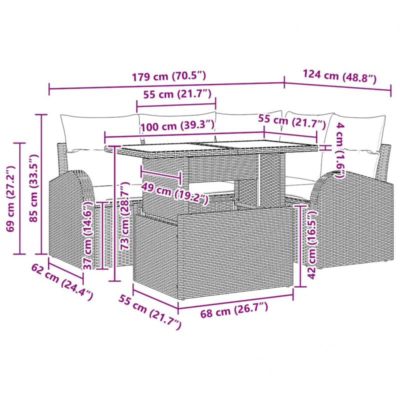 Zestaw Sof na Ogród z poduszką 5 pcs Jasnoszary Polirattan