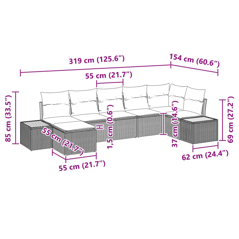Zestaw Sof na Ogród z poduszką 8 pcs Czarny Technorattan