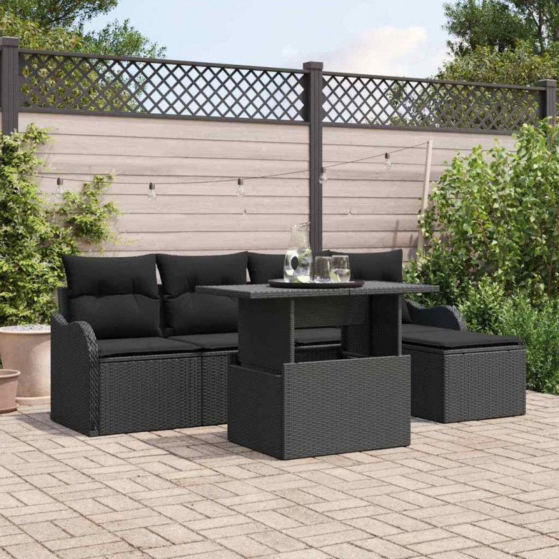 Zestaw Sof na Ogród z poduszką 6 pcs Czarny Technorattan
