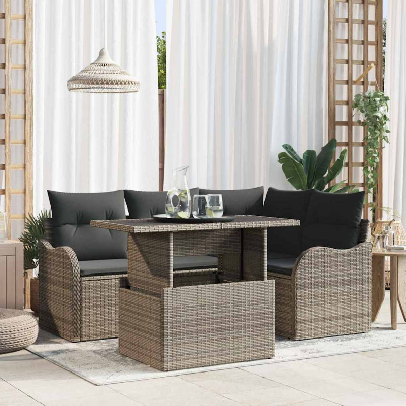 Zestaw Sof na Ogród z poduszką 5 pcs Szary Rattan poli