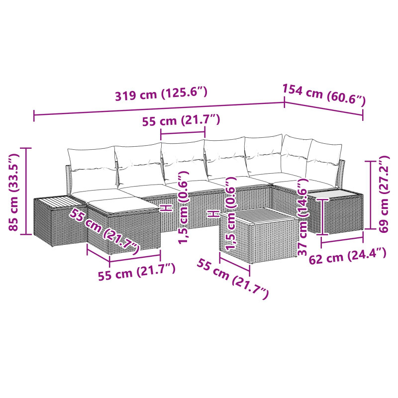 Zestaw Sof na Ogród z poduszką 8 pcs Czarny Technorattan