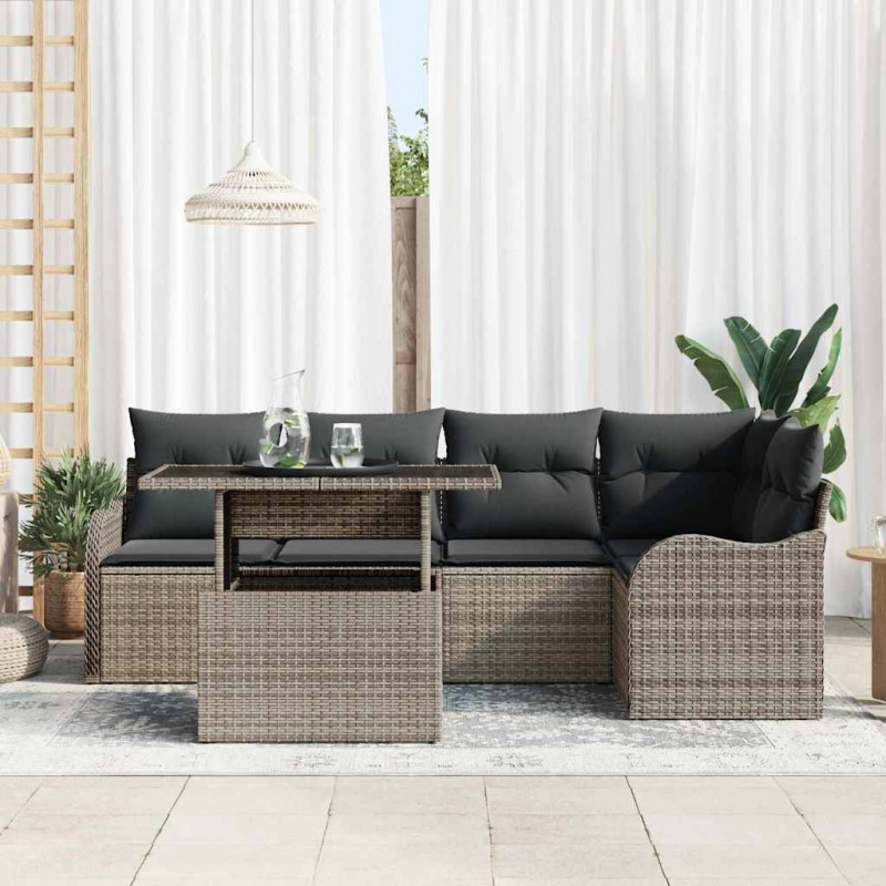 Zestaw Sof na Ogród z poduszką 6 pcs Szary Rattan poli