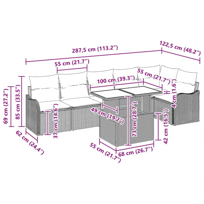 Zestaw Sof na Ogród z poduszką 7 pcs Czarny Rattan poli