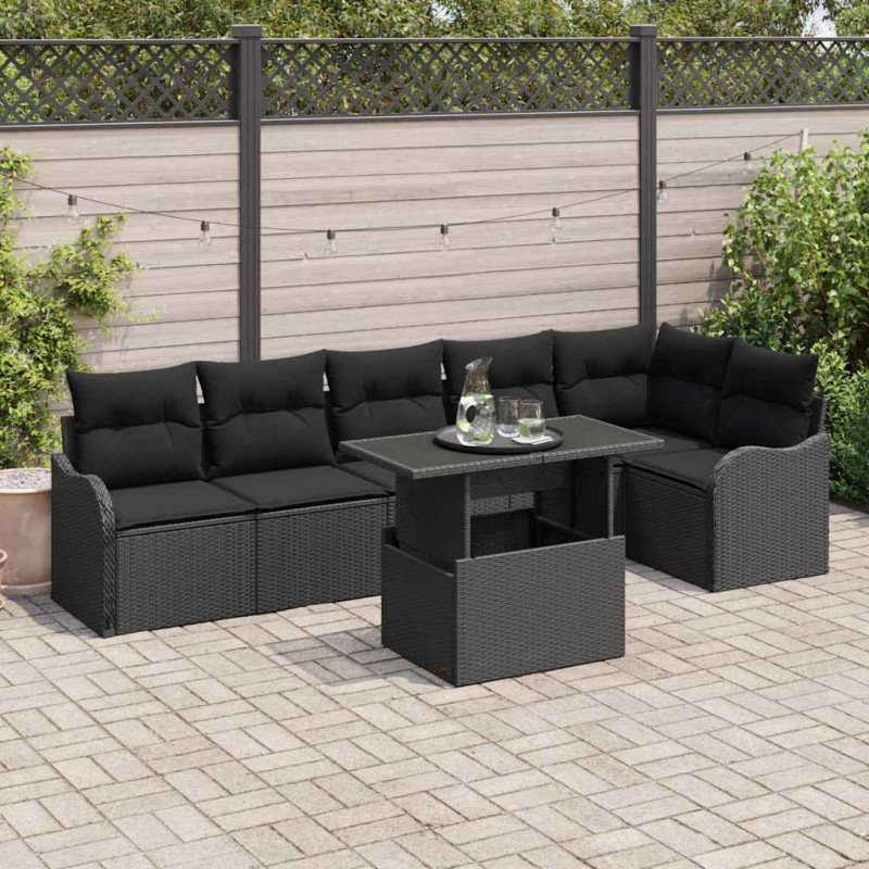 Zestaw Sof na Ogród z poduszką 7 pcs Czarny Rattan poli