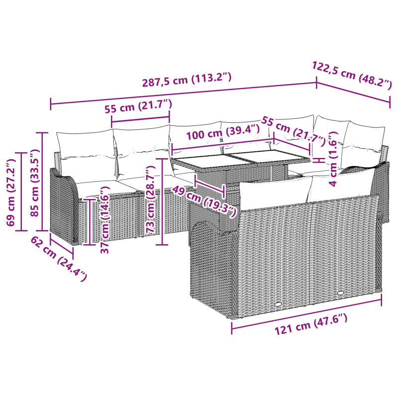 Zestaw Sof na Ogród z poduszką 9 pcs Jasnoszary Rattan poli