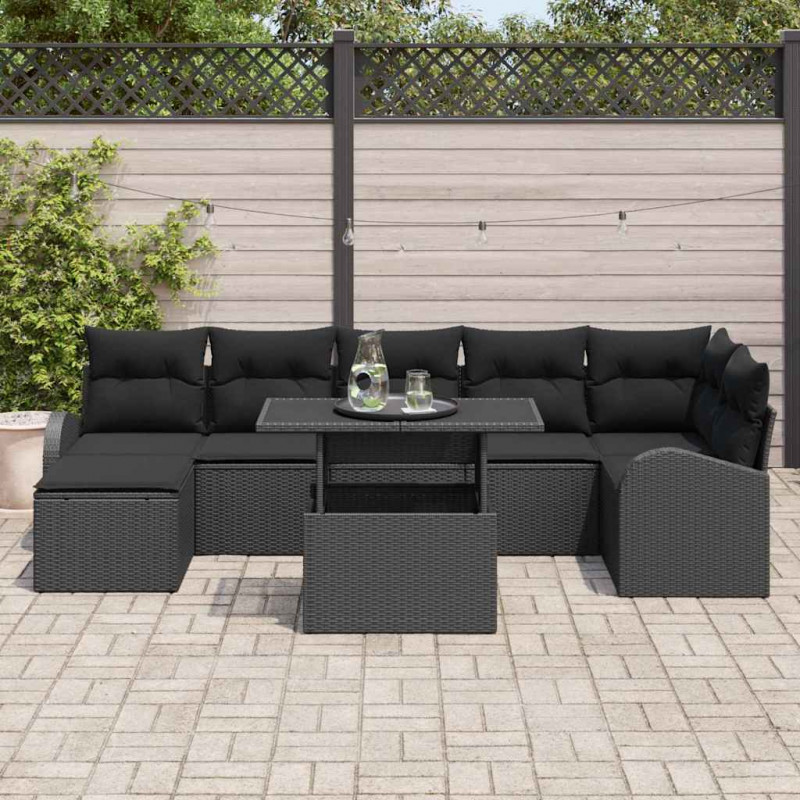 Zestaw Sof na Ogród z poduszką 8 pcs Czarny Polirattan