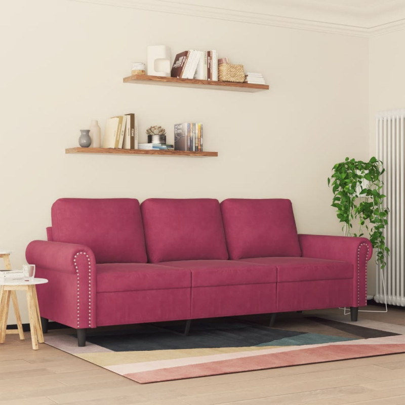 Sofa 3-osobowa, winna czerwień, 180 cm, obita aksamitem