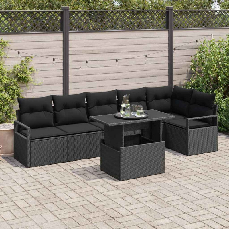 Zestaw Sof na Ogród z poduszką 7 pcs Czarny Polirattan