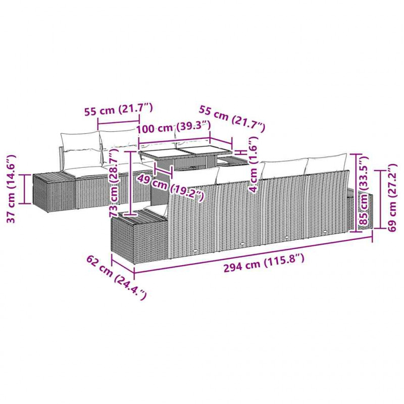Zestaw Sof na Ogród z poduszką 9 pcs Beżowy i kremowy