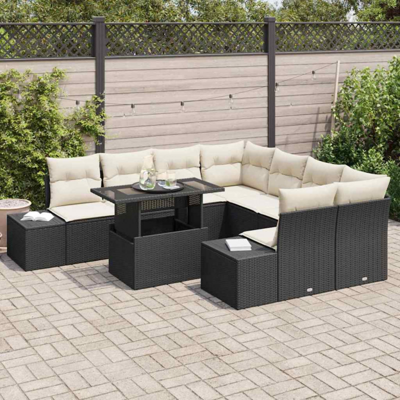 Zestaw Sof na Ogród z poduszką 9 pcs Czarny i kremowy