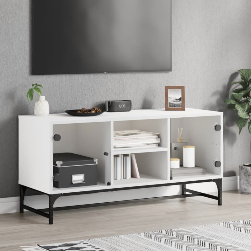 Szafka TV ze szklanymi drzwiami, biała, 102x37x50 cm
