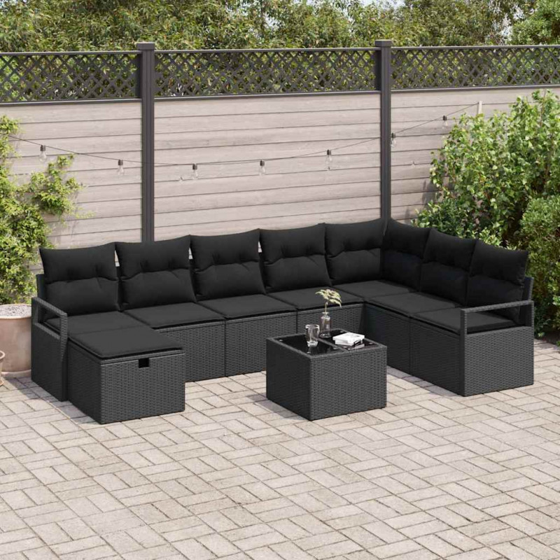 Zestaw Sof z poduszką z przechowywaniem 9 pcs Czarny polirattan