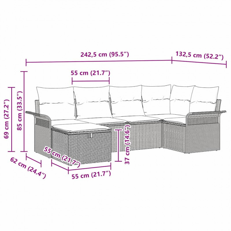 Zestaw Sof na Ogród z poduszką 6 pcs Czarny polirattan