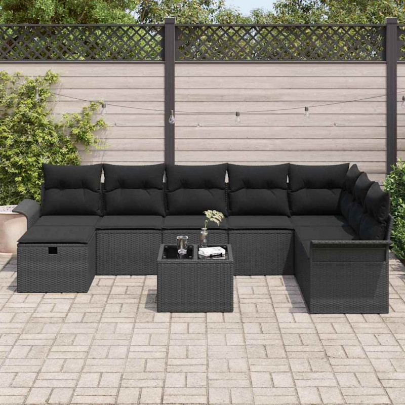 Zestaw Sof na Ogród z poduszką 9 pcs Czarny polirattan
