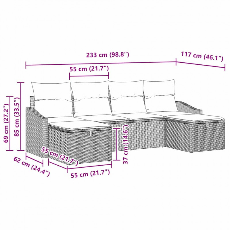 Zestaw Sof na Ogród z poduszką 6 pcs polirattan