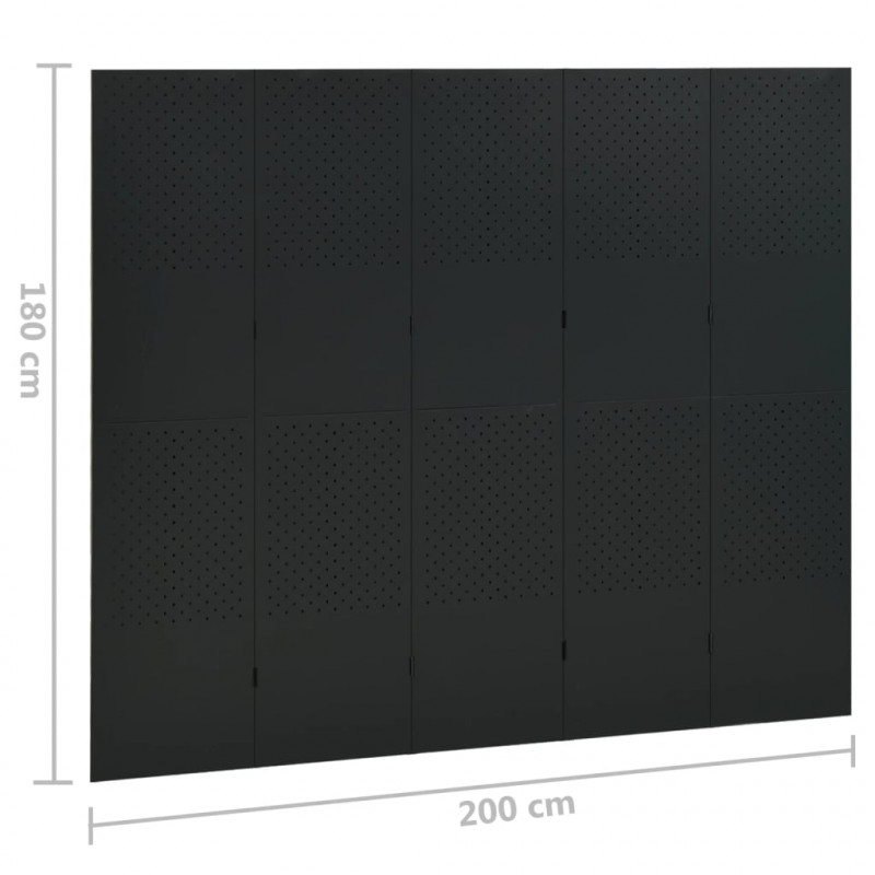 Parawan 5-panelowy, czarny, 200 x 180 cm, stalowy