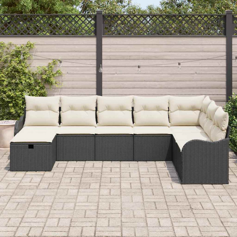 Zestaw Sof z poduszką 8 pcs Czarny i kremowy polirattan